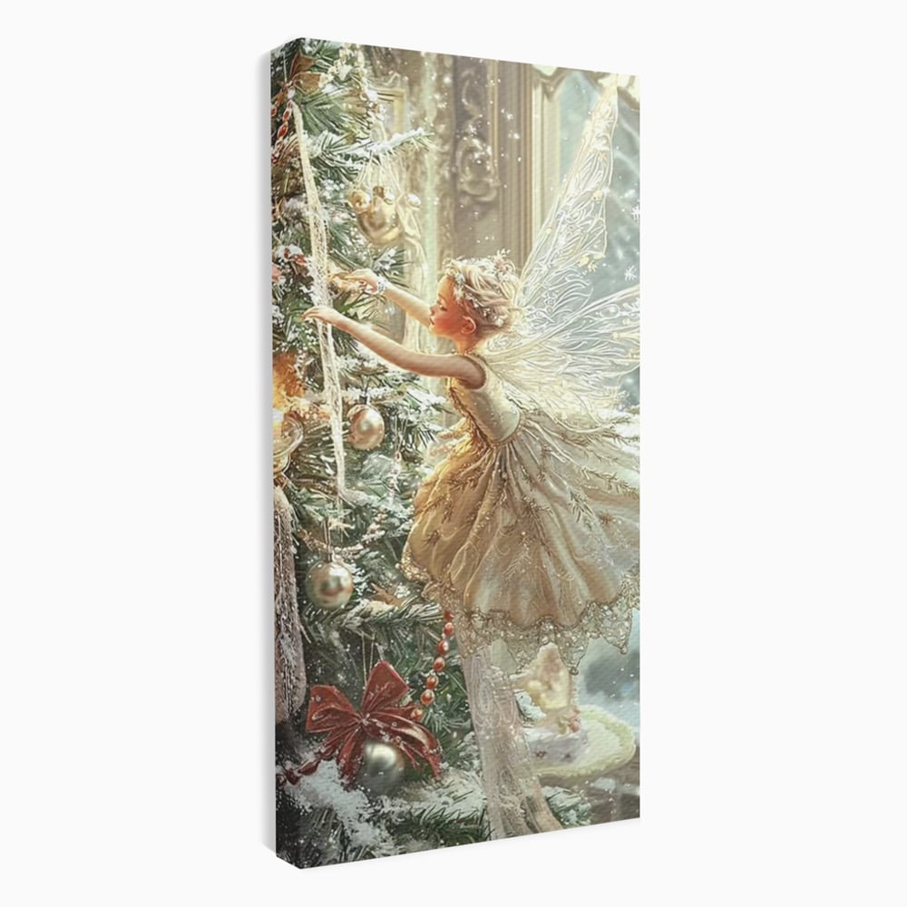 Tablou canvas cu pictura cu zana printre crengile bradului, fara rama, pe sasiu de lemn